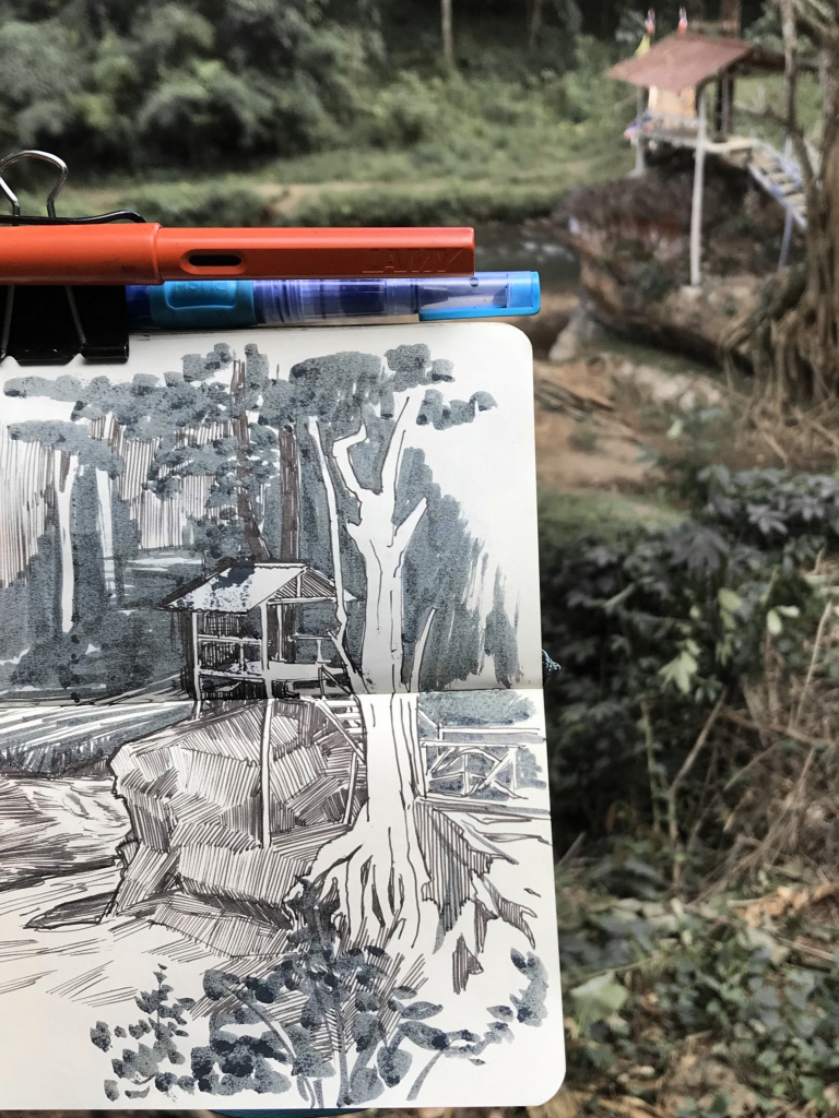 Пейзажный рисунок перьевой ручкой