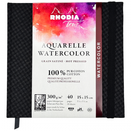 Скетчбук для акварели RHODIA TOUCH WATERCOLOR, Hot press, 15х15 см, 300 г, Хлопок, Black/Черный