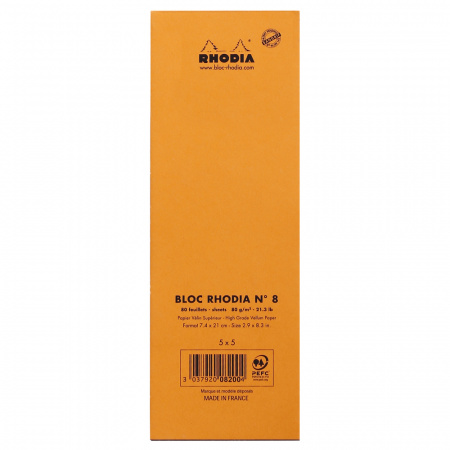 Блокнот RHODIA BASICS №8, 7,4х21 см, 80 г, Orange/Оранжевый